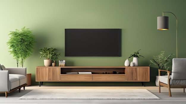 Decoração moderna de sala de estar com um armário de TV contra um fundo de parede verde
