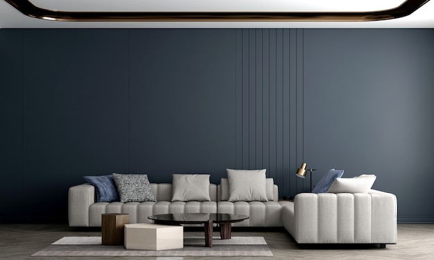 Decoração moderna e aconchegante de sala de estar e sofá e parede vazia com textura azul design de interiores