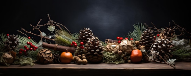 Decoração natural de Natal em um fundo escuro Feriados de Natal IA generativa