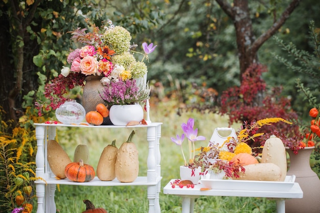 Decoração natural de outono com abóboras no jardim