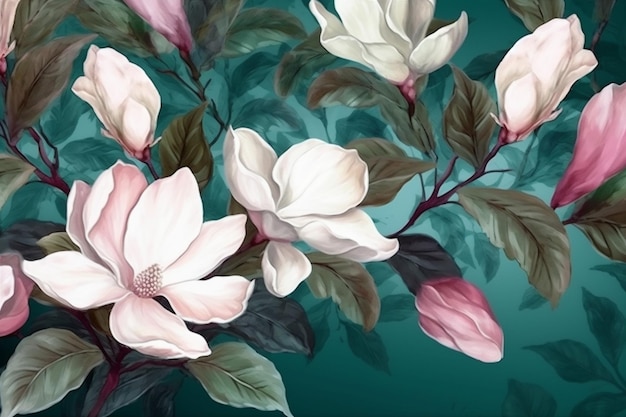 Decoração sem costura magnólia aquarela padrão de fundo flor branca folha papel de parede floral Generative AI
