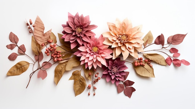 decoração única com decoração de dália e folhas secas de briarwood e flor boho