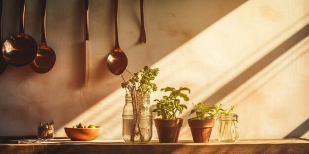 Foto decoración acogedora de la cocina bajo la cálida luz del sol