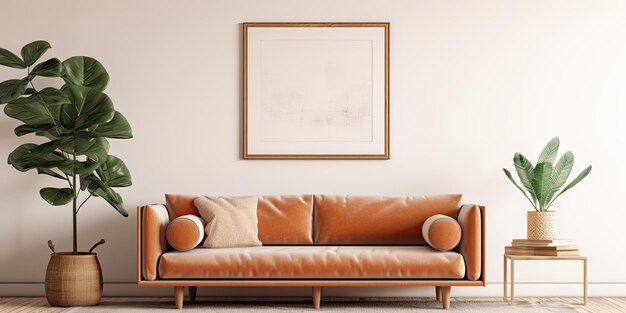 Decoración acogedora de la sala de estar con lámpara de alfombra de sofá marrón, plantilla de marco de cartel y plantilla de mesa