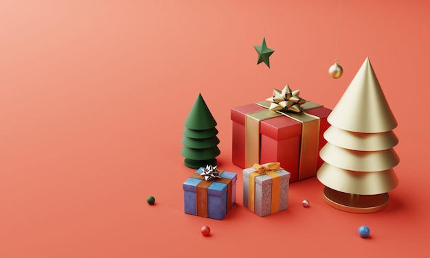 Decoración y adorno de Navidad con árbol de Navidad dorado, caja de regalo colorida y copo de nieve sobre fondo rojo. Festival de vacaciones y concepto de objeto de minimalismo. Representación de ilustración 3D