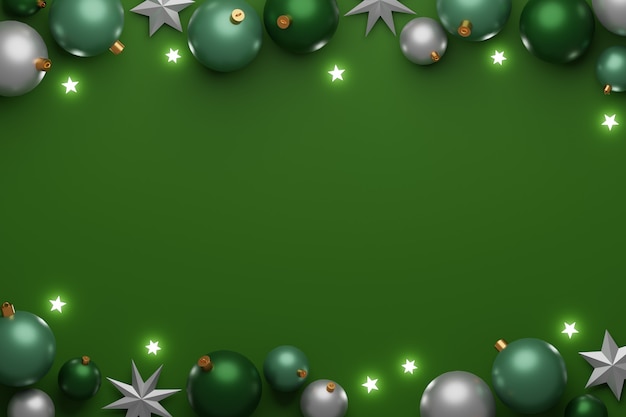 Decoración de adornos de bolas de Navidad y estrella sobre fondo verde con espacio de copia central