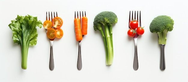 Decoración de alimentos de varias verduras frescas en un tenedor aislado sobre un fondo blanco Generar IA