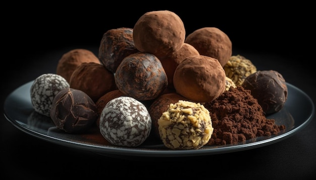 Decoración de almendras con bola de trufa de chocolate oscuro indulgencia generada por inteligencia artificial