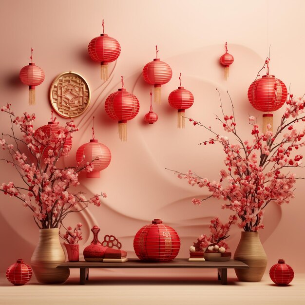 Decoración del Año Nuevo chino con elementos asiáticos imagen de fondo