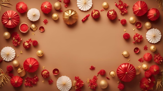 Decoración de año nuevo chino con linternas de papel rojas y doradas sobre fondo marrón