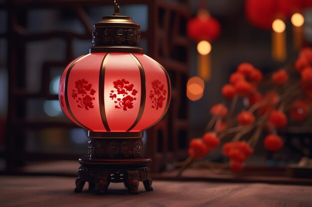 Decoración del año nuevo chino con linternas tradicionales o flores de sakura Concepto del año nuevo lunar