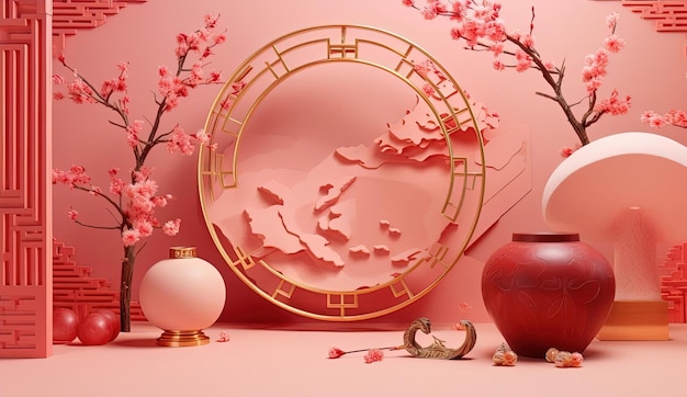 decoración del año nuevo chino sobre un fondo rosa