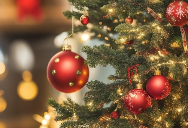 Decoración del árbol de Navidad bolas rojas en una rama de árbol grande