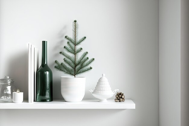 Decoración del árbol de Navidad en un estante blanco contra un fondo de pancarta de pared blanca con espacio de copia