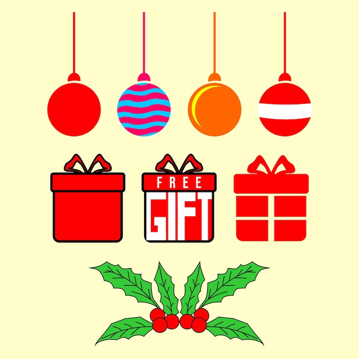 Foto decoración de árbol de navidad feliz holly abeto bayas rojas y caja de regalos