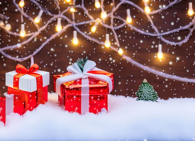 Decoración del árbol de Navidad en la nieve con luces y regalos con espacio para copiar