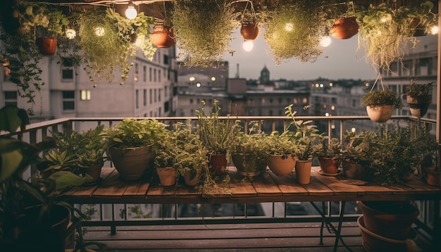 Decoración de balcón de verano plantas en maceta linternas y flores coloridas iluminan generadas por inteligencia artificial