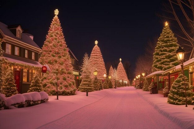 Decoración con un banco y un árbol de Navidad con guirnaldas rojas y doradas cerca de regalos de Navidad en cajas rojas con copos de nieve al crepúsculo