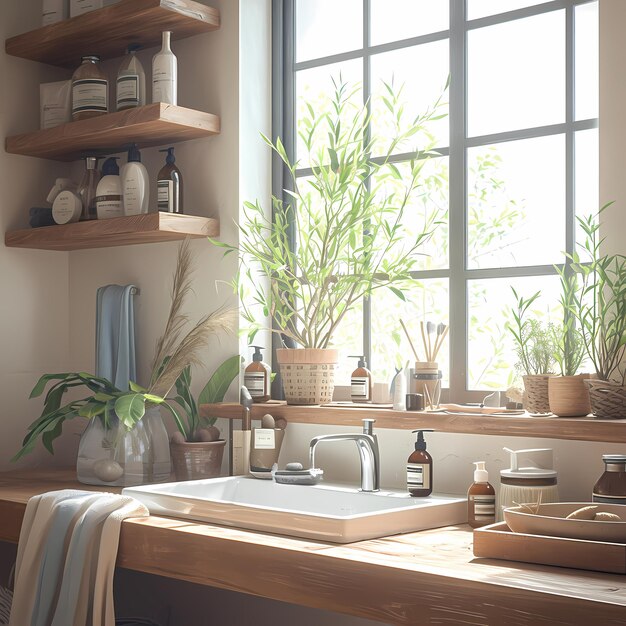 Decoración de baño de lujo con estanterías y plantas de madera