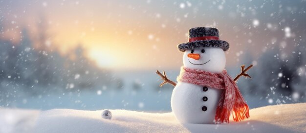 Una decoración blanca del Hombre de Nieve con decoración navideña en el fondo borroso del invierno generada por la IA