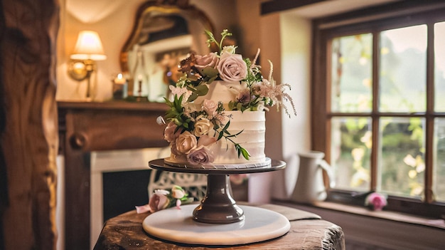 Decoración de boda en la cabaña floral de campo decoración de boda pastel y celebración de eventos estilo de campo inglés