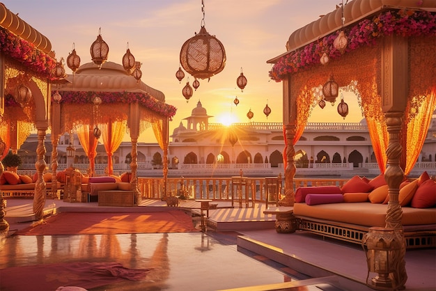 Decoración de boda en terraza de estilo indio al atardecer con un fondo cálido