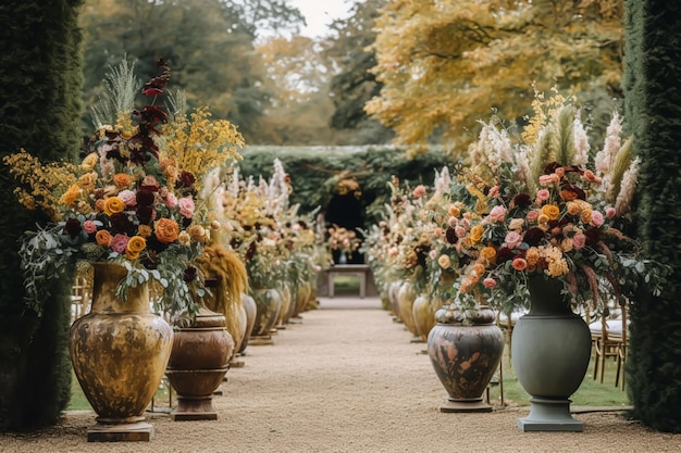 Decoración de bodas decoración floral y celebración de eventos flores otoñales y pasillo de bodas en el jardín de otoño estilo campestre ai generativo