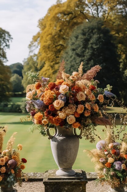 Decoración de bodas decoración floral y celebración de eventos flores otoñales y pasillo de bodas en el jardín de otoño estilo campestre ai generativo