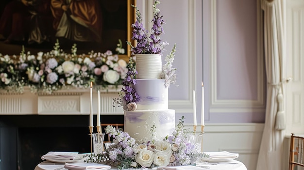 Decoración de bodas con tema de lavanda diseño de decoración floral y hermoso arreglo de decoración