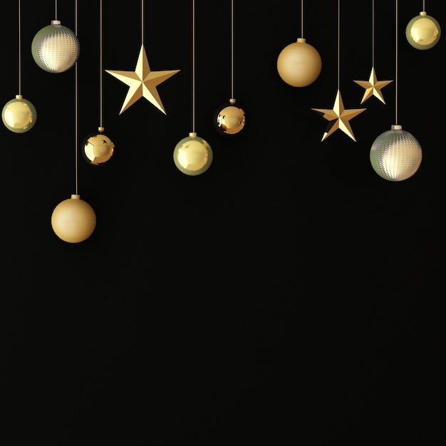 Decoración con bolas y estrellas navideñas doradas