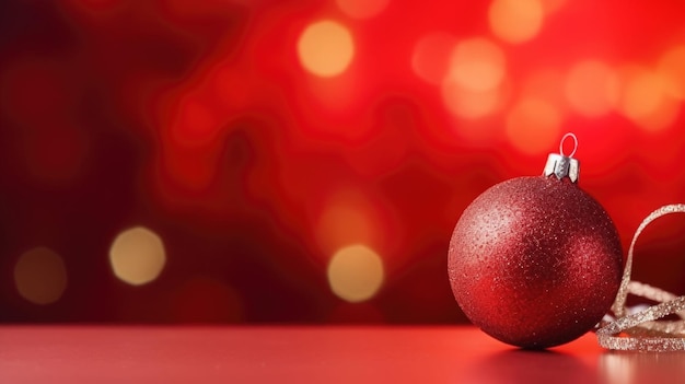 Decoración de bolas de Navidad rojas en fondo borroso rojo tarjeta de felicitación de Año Nuevo generada por IA