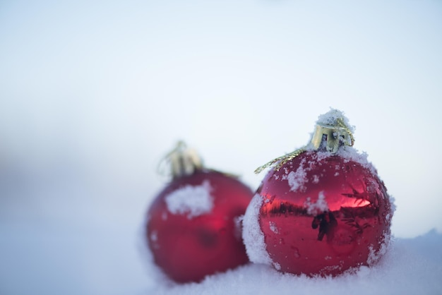 decoración de bolas rojas de navidad en el fondo de nieve fresca en un hermoso día soleado de invierno