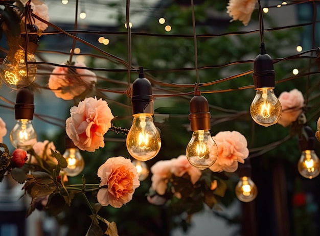 Decoración de bombillas en fiesta al aire libre Guirnalda con bombillas luminosas decoradas con flores Original decoración floral de boda Minivasos y flores colgantes