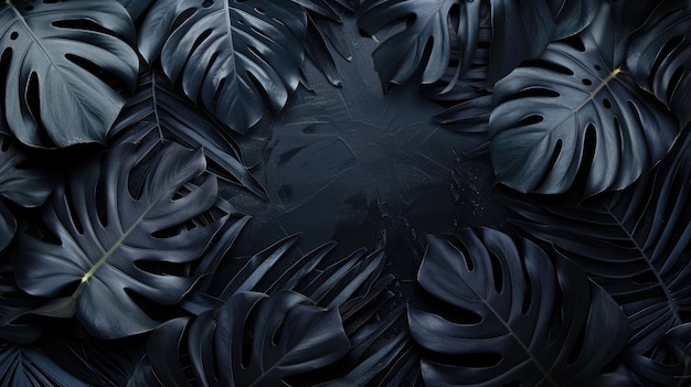 Decoración botánica oscura Monstera negra deja papel tapiz de fondo con espacio de copia para diseño botánico