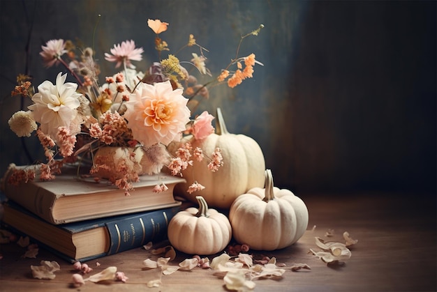 Decoración de calabaza blanca otoñal con hojas y flores en libros antiguos IA generativa