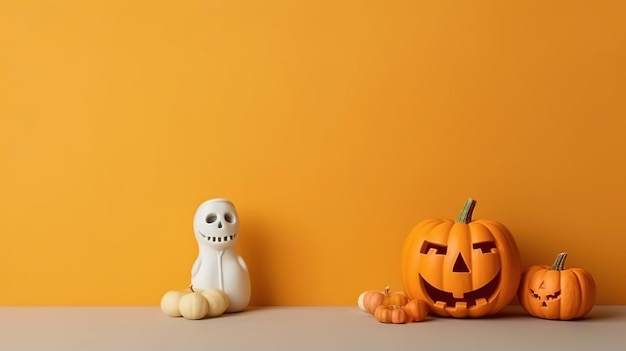 Decoración de calabaza de Halloween con fondo naranja y espacio de copia ai generado