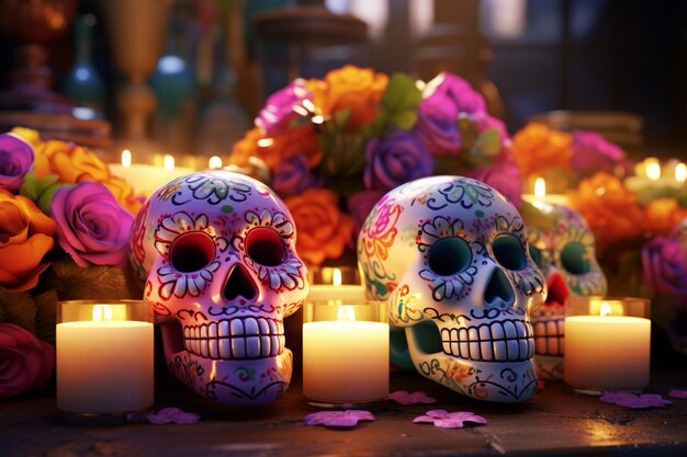 Foto decoración de calaveras de azúcar con flores y velas para el día de los muertos