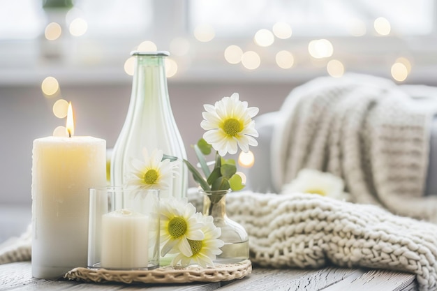 Decoración de la casa de naturaleza morta en una mesa de madera en la sala de estar botella decorativa con flores y una lata