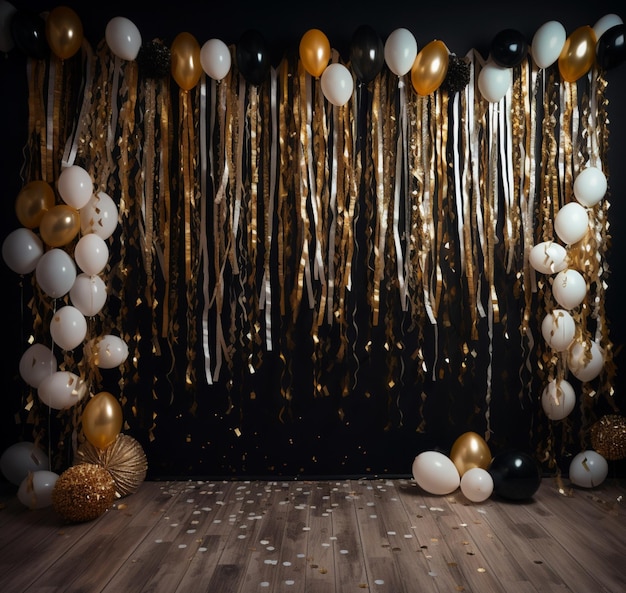 Decoración de celebración de la fiesta con globos dorados y blancos