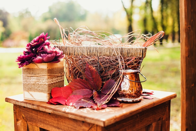 Decoración para la ceremonia de boda en el parque en otoño