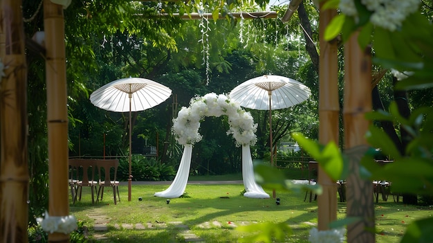 Foto decoración de la ceremonia de bodas en el jardín antes de la recepción centrarse en el paraguas blanco ia generativa