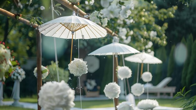 Foto decoración de la ceremonia de bodas en el jardín antes de la recepción centrarse en el paraguas blanco ia generativa