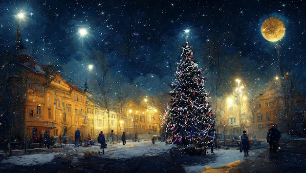 Decoración de la ciudad del árbol de Navidad, noche estrellada de invierno y luna amarilla en el cielo, ciudad nevada