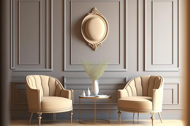 Decoración clásica beige con molduras decorativas de paneles de pared y  maquetas de sillones blandos para una ilustración