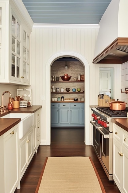 Foto decoración de cocina blanca diseño de interiores y mejora de la casa inglés clásico en marcos armarios de cocina encimera y electrodomésticos en la casa de campo elegante estilo cottage postprocesado generativo ai