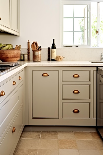 Foto decoración de cocina de cabaña blanca de crema diseño de interiores y mejora de la casa inglés en cocina de marco