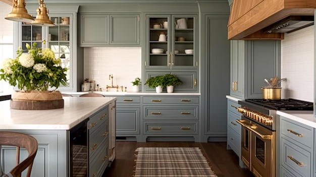 Decoración de cocina de cabaña moderna de color gris apagado diseño de interiores y casa de campo en marco armario de cocina fregadero estufa y encimera estilo de campo inglés