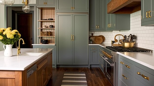 Decoración de cocina de cabaña moderna de color gris apagado diseño de interiores y casa de campo en marco armario de cocina fregadero estufa y encimera interiores de estilo rural inglés