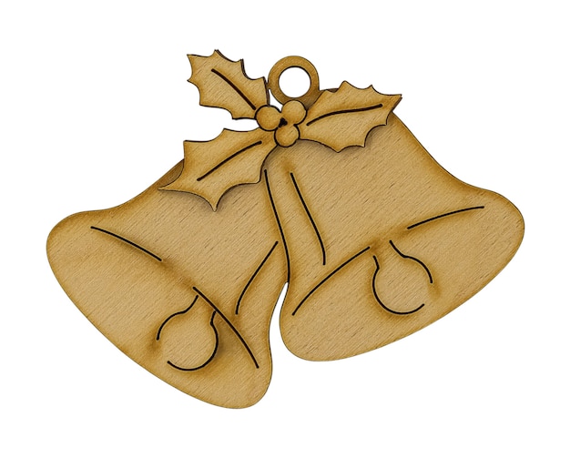 Decoración colgante de campana de Navidad de madera aislada sobre fondo blanco.