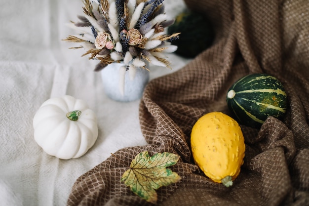 Decoración y composición del hogar otoñal con calabazas y hojas en un plaid